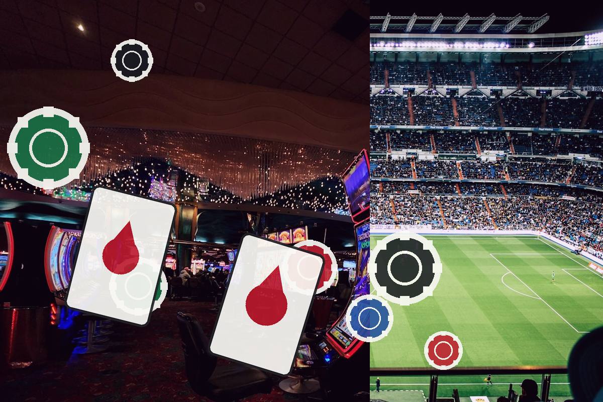 Split-image: a casino interior with illuminated playing cards and gear icons on the left, and a packed soccer stadium on the right.