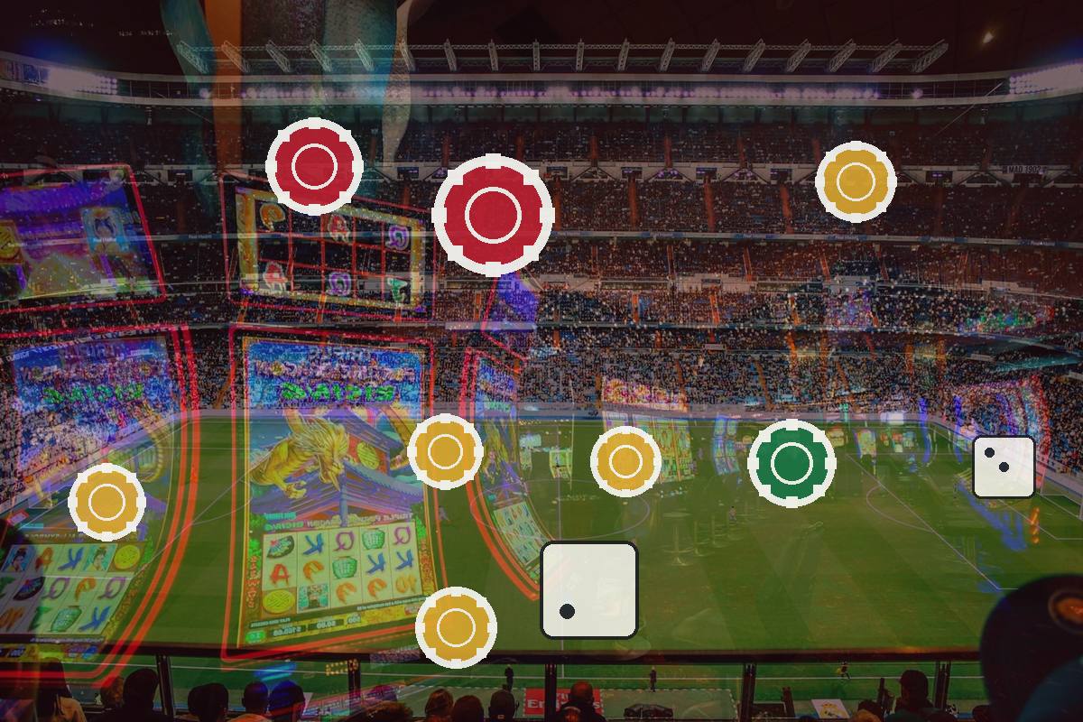 Overlay of circular tokens and dice icons scattered over a soccer stadium, suggesting a game or scoring overlay on the field view.