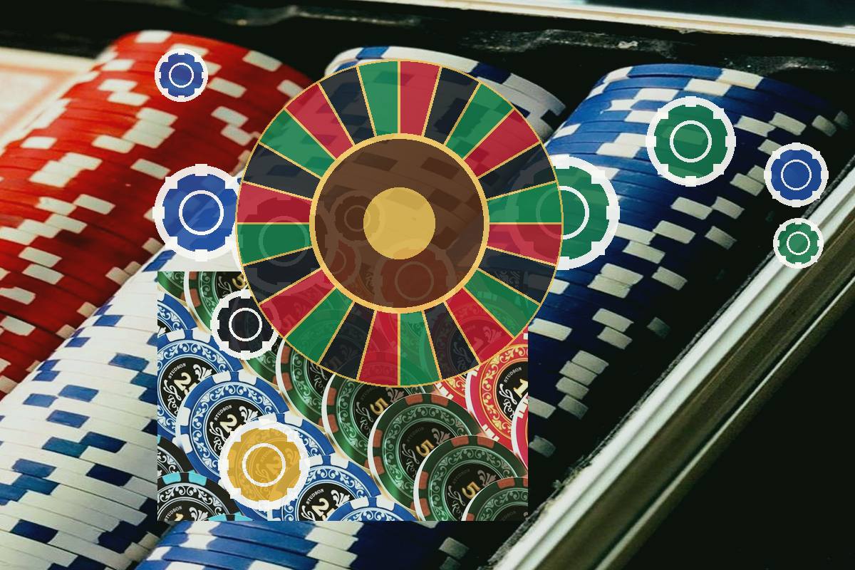Roulette wheel at center with colorful poker chips stacked around on a casino table, implying gambling.