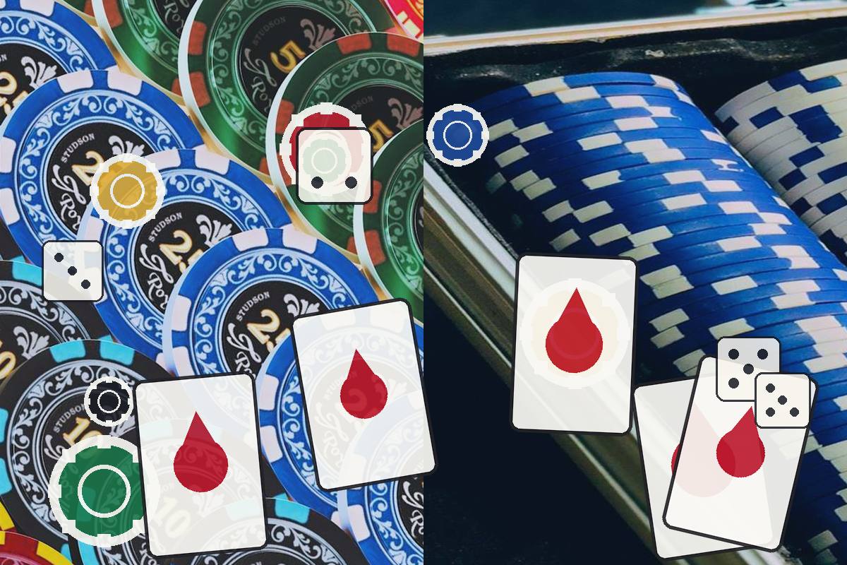Pile of colorful casino chips and playing cards with red drop icons scattered on a gambling table.