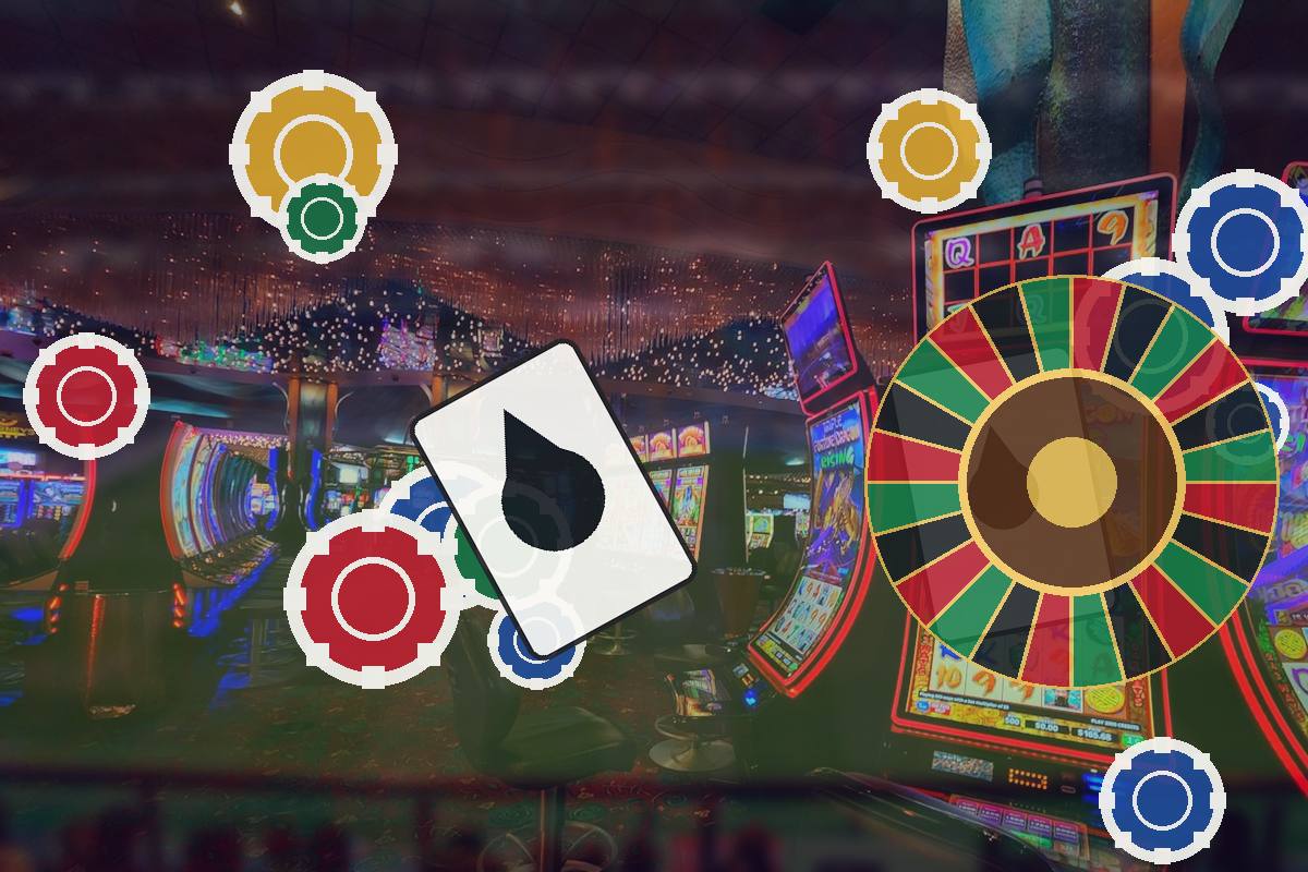 Casino scene with a playing card showing a black spade, surrounded by colorful poker chips and a roulette wheel in the background