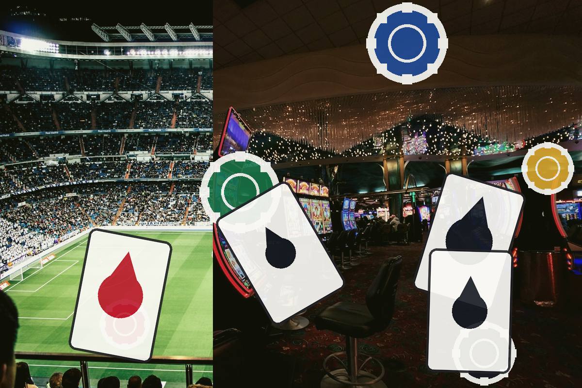 Collage of a crowded soccer stadium on the left and a casino arcade on the right, with oversized playing cards featuring water-drop icons.