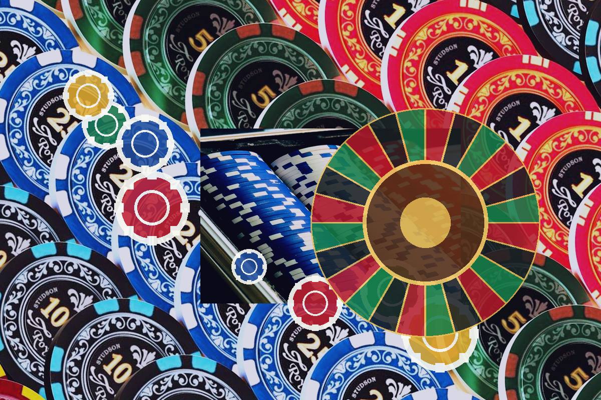 Colorful casino chips in blue, red, green, and black surround a large, multicolor roulette wheel design in the center.