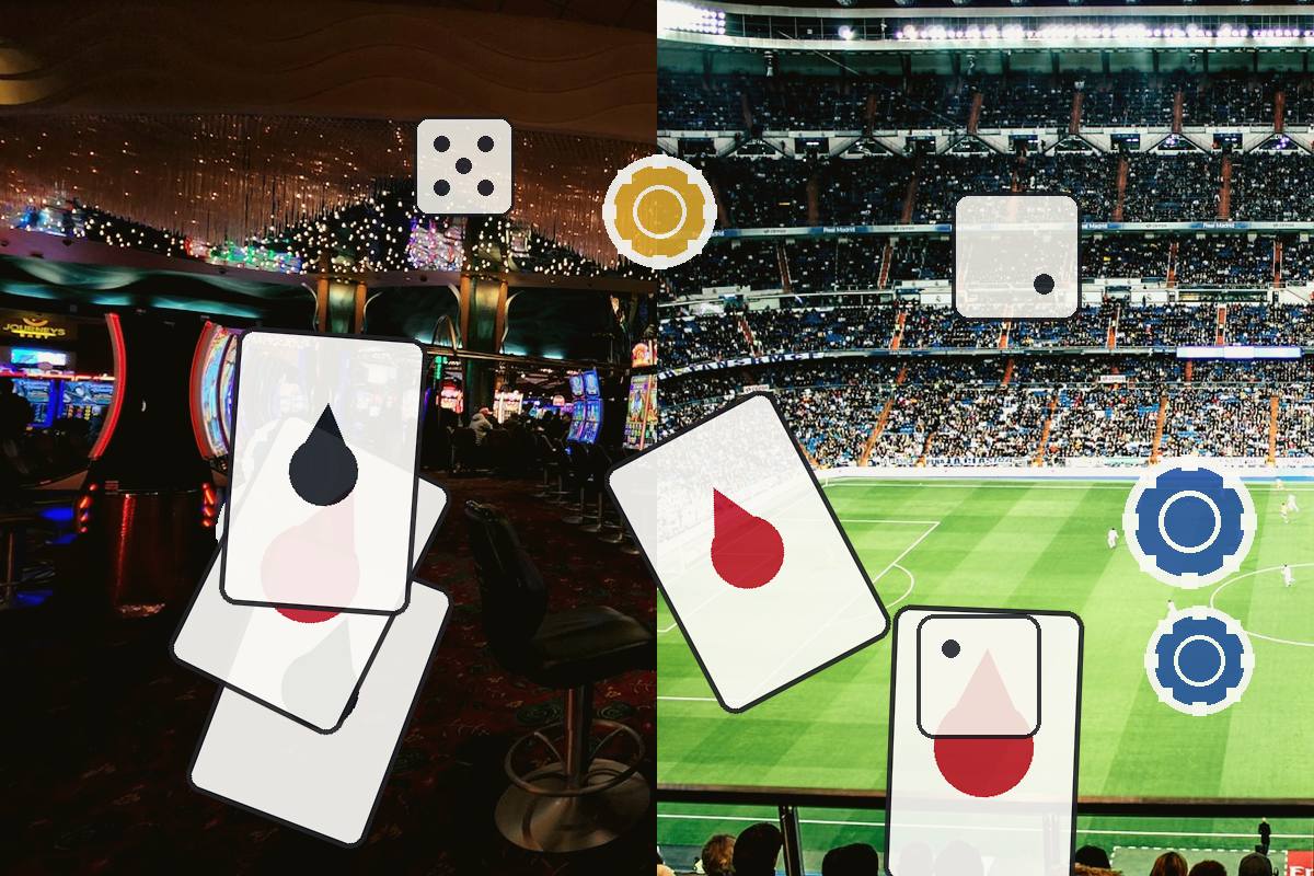 Split image showing a casino interior with poker cards overlaid on the left and a soccer stadium with cards on the right, conveying gambling themes in different venues.