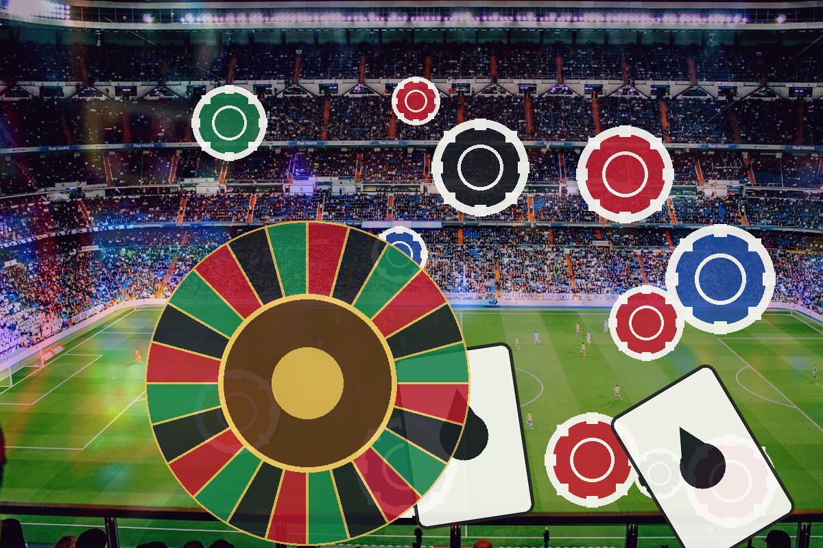 Soccer stadium with a colorful roulette wheel and betting chips, implying sports betting.